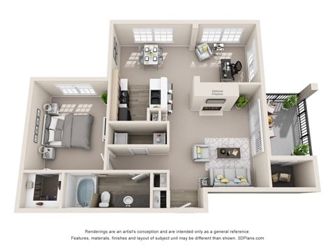 Floor plan for 1 bed, 1 bath, 935 sqft